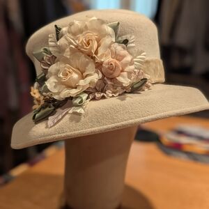 Cream Wide-Brimmed Hat with Floral Accents